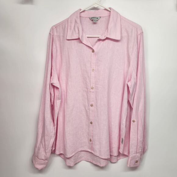Orvis Powder Pink Linen Blend Roll Tab Long Sleeve Button Up Shirt Women's L - Picture 1 of 9